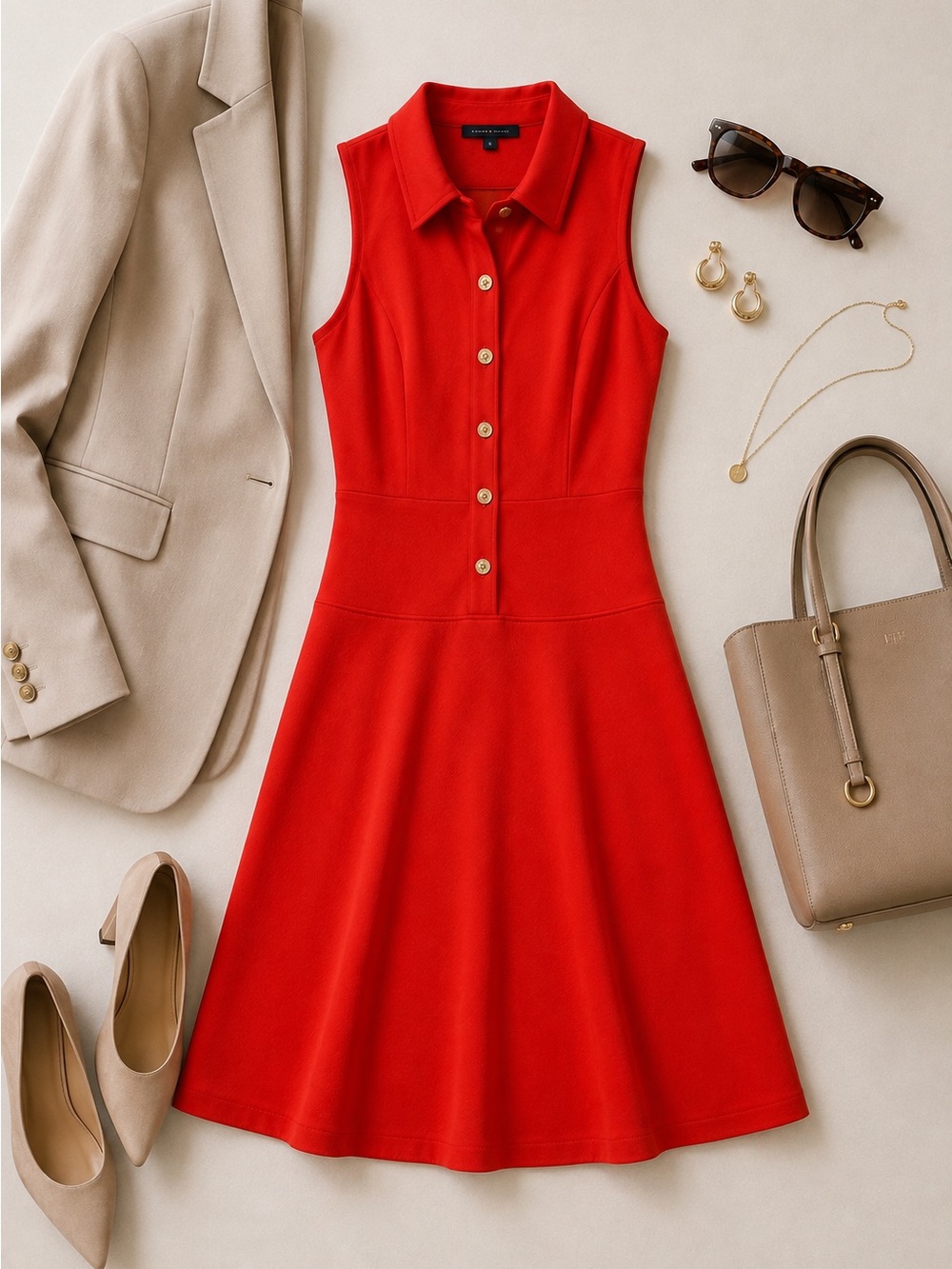 Tommy Hilfiger Red Fit & Flare Collared Dress Gold Buttons NWT Size 12 - Picture 2 of 9